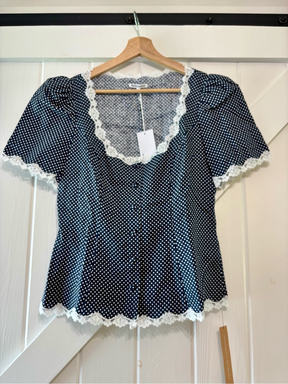 Reformation Annabella Linen Raindrops Navy Polka Dot Lace-Trim Short Sleeve 4 - Picture 2 of 9